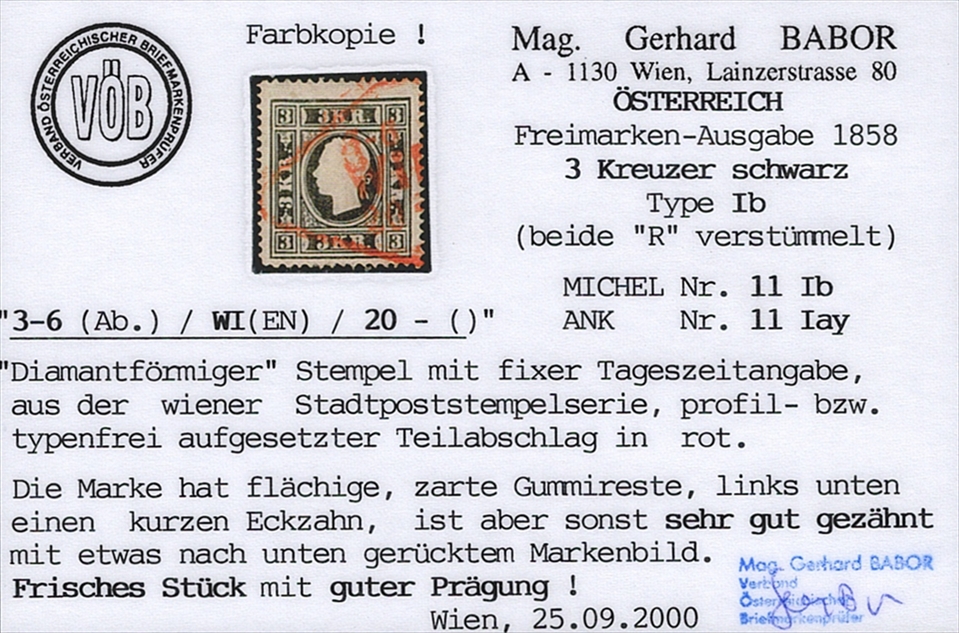 Österreich 1858 3 Kreuzer ANK Nr. 11 Ib "schwarz" mit rotem diamantförmigen Stempel WIEN – Bild 2