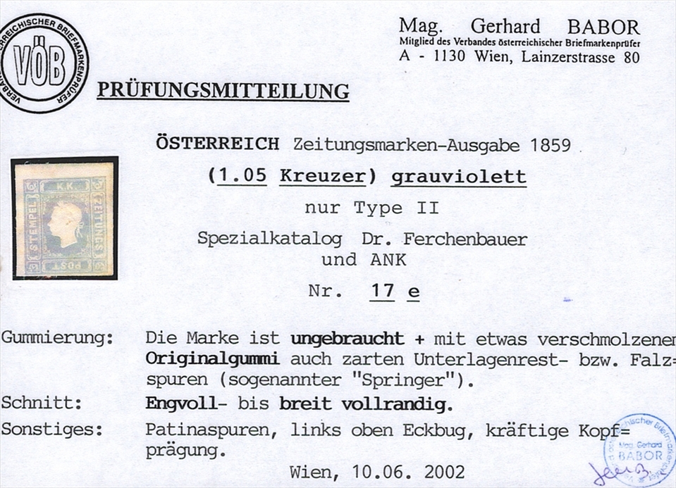 Österreich 1858 Zeitungsmarke 1.05 Kreuzer FB Nr. 17 "grauviolett" Type II ungebraucht – Bild 2
