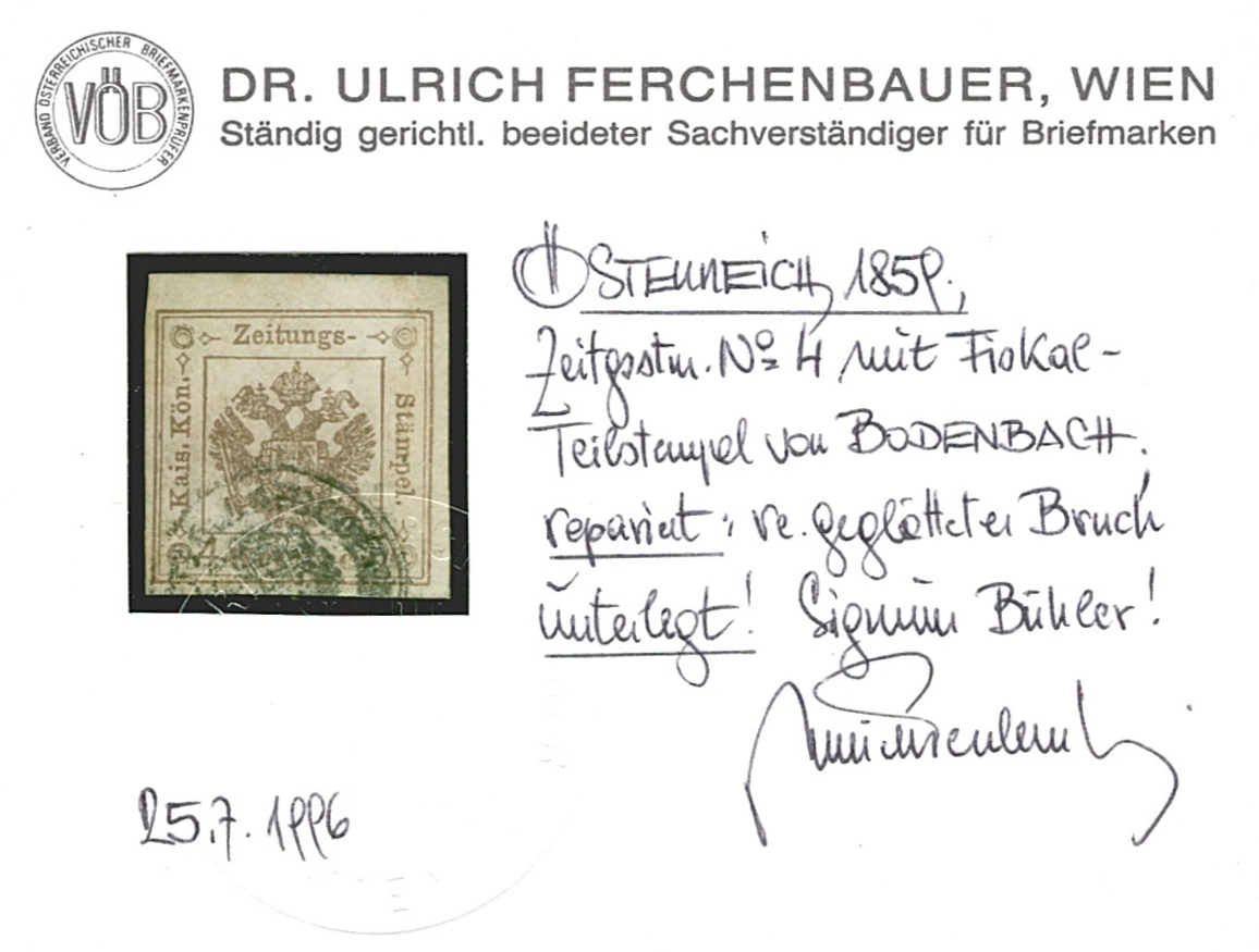 Österreich 1858 Zeitungsstempelmarke 4 Kreuzer ANK Nr. 4 gestempelt BODENBACH – Bild 3