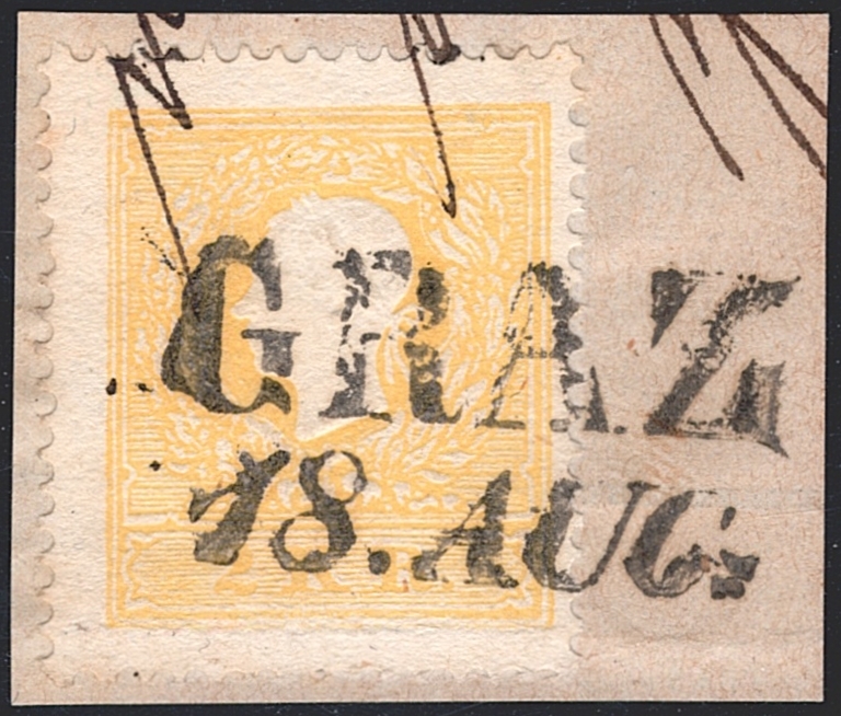 Österreich 1859 2 Kreuzer ANK Nr. 10 II "gelb" auf Briefstück gestempelt GRAZ