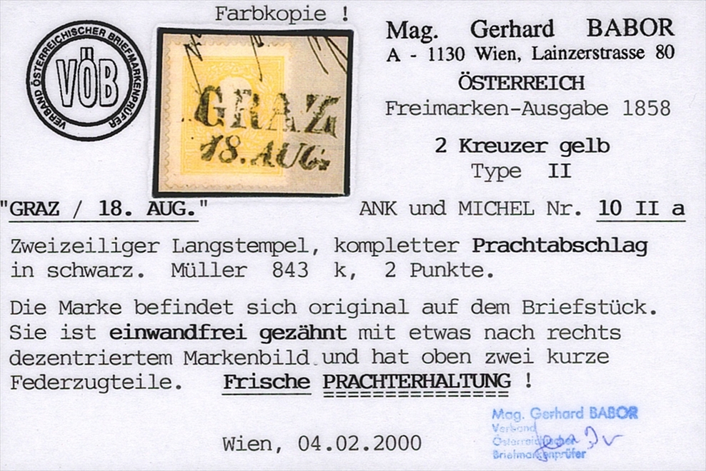 Österreich 1859 2 Kreuzer ANK Nr. 10 II "gelb" auf Briefstück gestempelt GRAZ – Bild 2