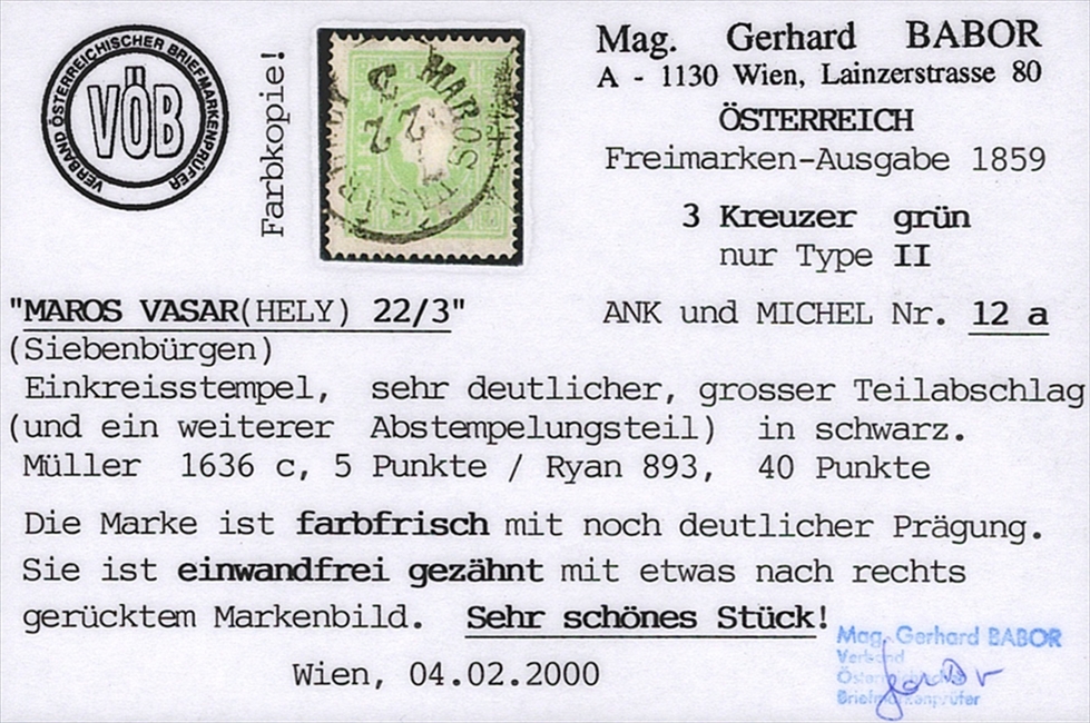 Österreich 1859 3 Kreuzer ANK Nr. 12 "grün" mit Stempel MAROS VASARHELY – Bild 2