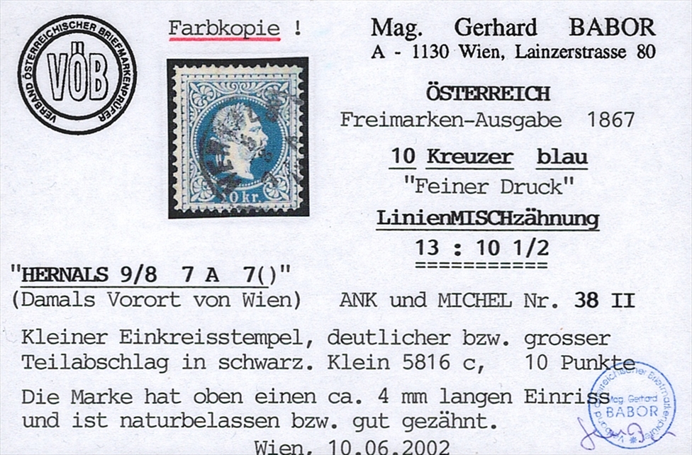 Österreich 1874 10 Kreuzer ANK Nr. 38 II "blau" - Mischzähnung 13:10.5 - gestempelt HERNALS – Bild 2