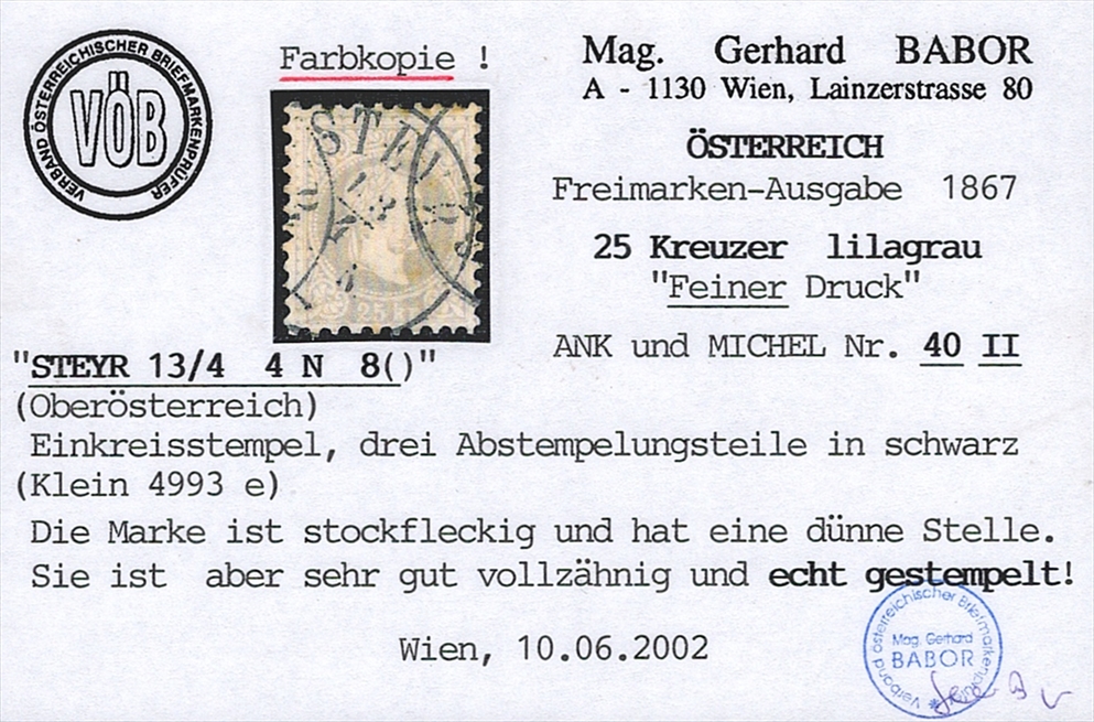 Österreich 1874 25 Kreuzer ANK Nr. 40 II "lilagrau" gestempelt STEYR – Bild 2
