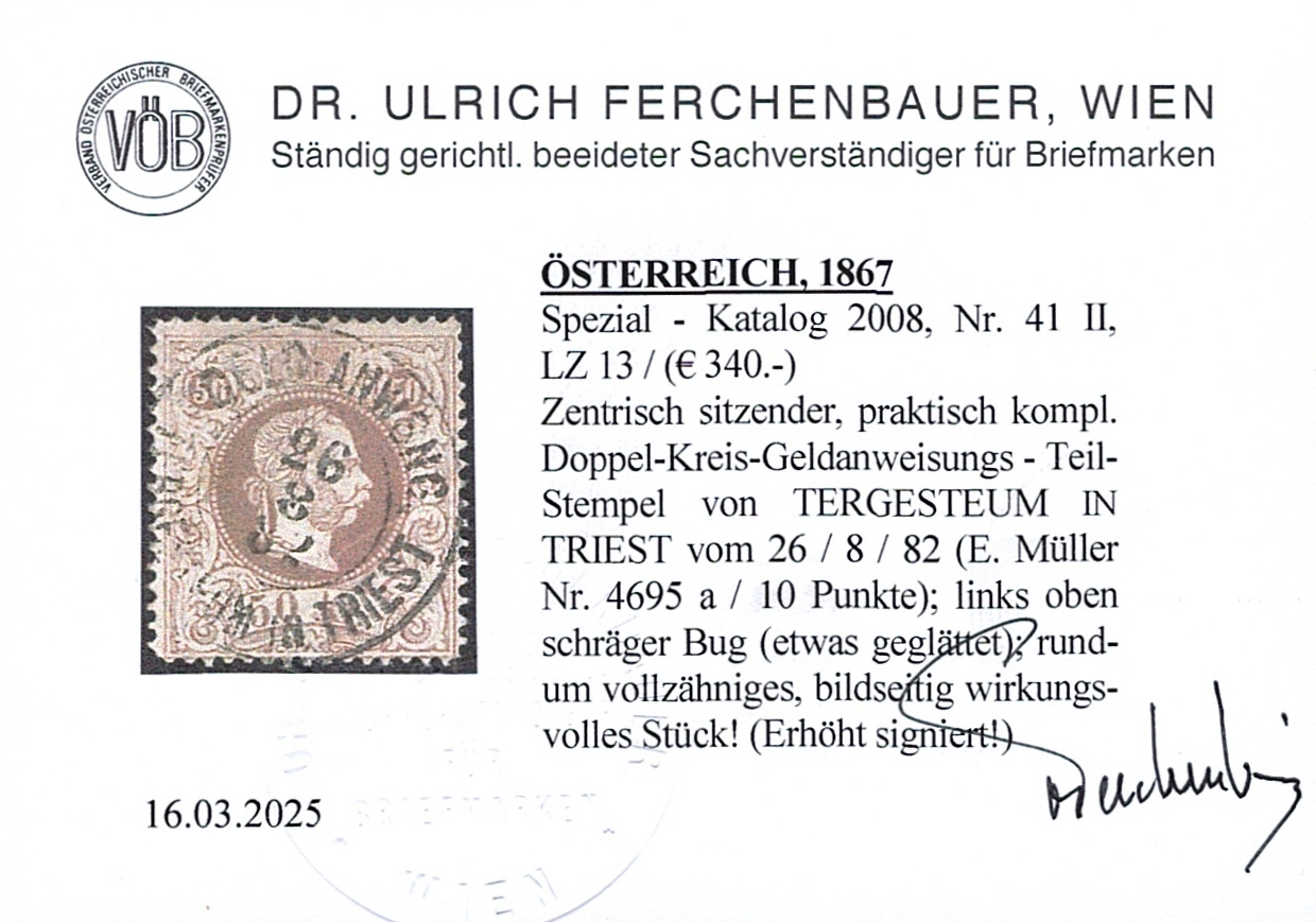 Österreich 1874 50 Kreuzer ANK Nr. 41 II E (LZ 13) "braun" gestempelt TERGESTEUM IN TRIEST – Bild 2