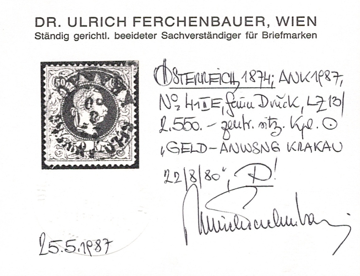 Österreich 1874 50 Kreuzer ANK Nr. 41 II E (LZ 13) "braun" gestempelt Vollstempel KRAKAU – Bild 2