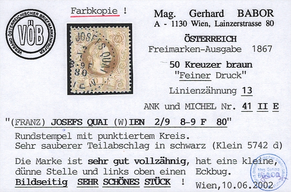 Österreich 1874 50 Kreuzer ANK Nr. 41 II E (LZ 13) "braun" gestempelt WIEN – Bild 2