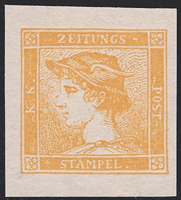 Österreich 1884 Zeitungsmarke 6 Kreuzer Bogenprobe des Neudrucks FB Nr. III "sog. gelber Merkur" ungebraucht ohne Gummi wie hergestellt