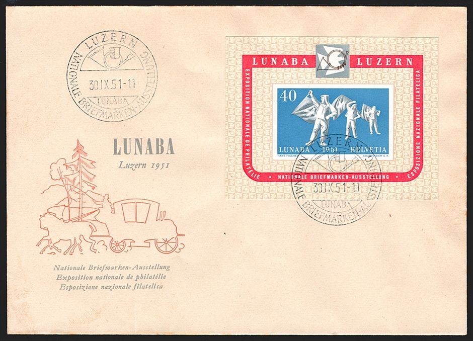 Schweiz, Blocks, Zuschlagsausgaben, LUNABA Luzern, unadressierter Umschlag, Ausstellungs-Stempel