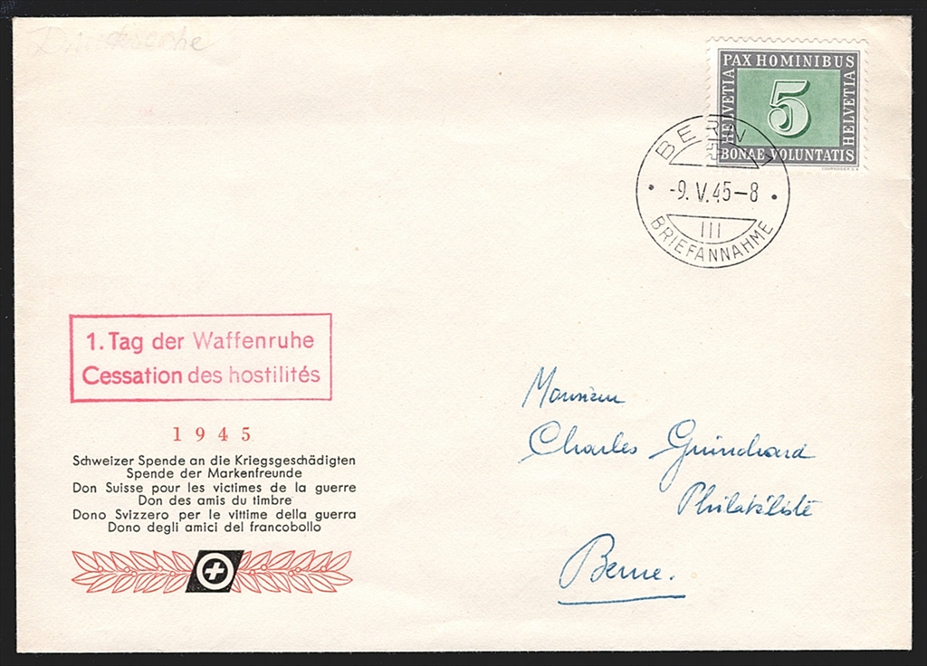 Schweiz, FDC, 1945, PAX, Nr.262-266, teils im Viererblock, meist unadressierte FDC, ET-Stempel BERN