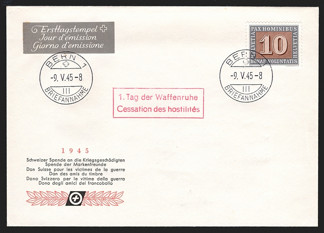 Schweiz, FDC, 1945, PAX, Nr.262-266, teils im Viererblock, meist unadressierte FDC, ET-Stempel BERN – Bild 2