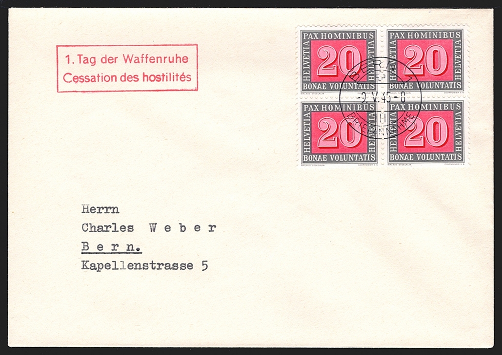 Schweiz, FDC, 1945, PAX, Nr.262-266, teils im Viererblock, meist unadressierte FDC, ET-Stempel BERN – Bild 3