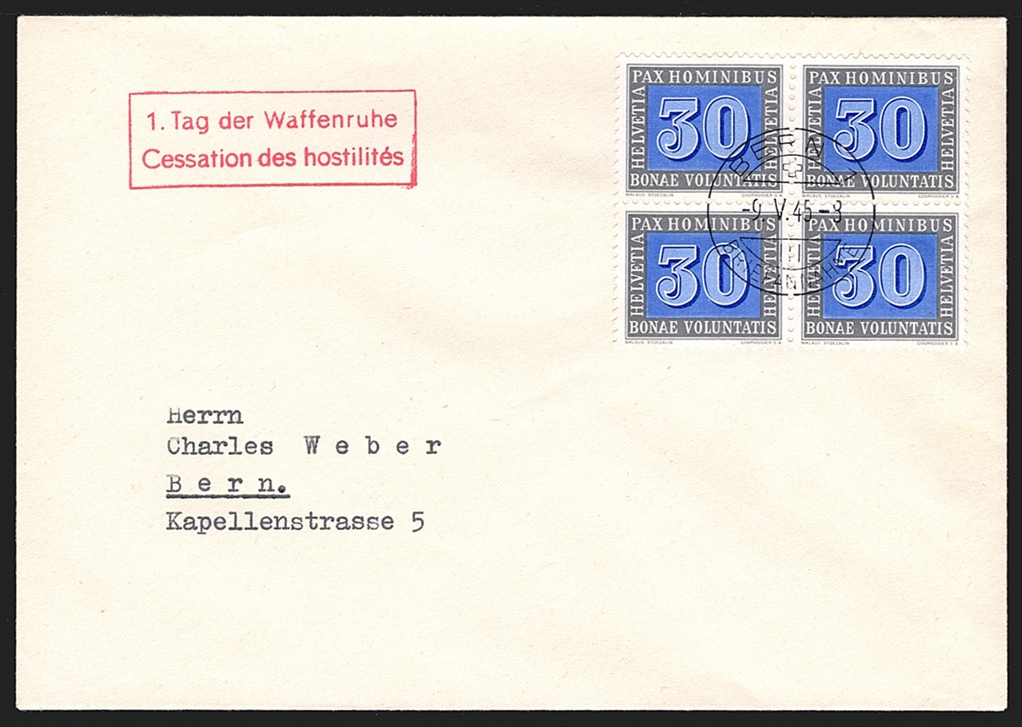 Schweiz, FDC, 1945, PAX, Nr.262-266, teils im Viererblock, meist unadressierte FDC, ET-Stempel BERN – Bild 4