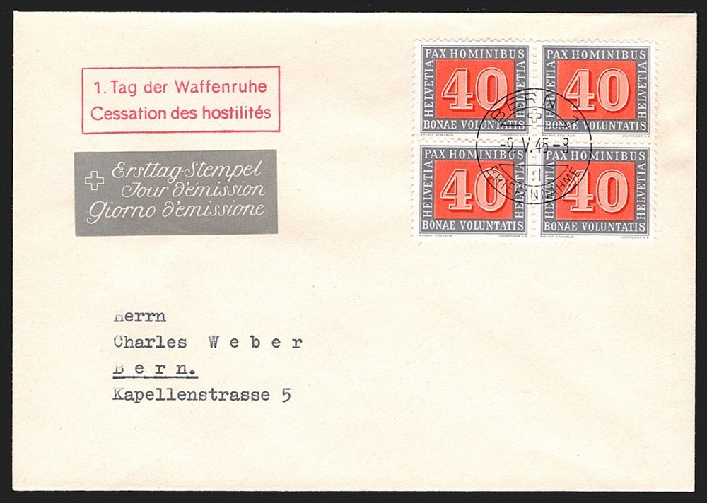 Schweiz, FDC, 1945, PAX, Nr.262-266, teils im Viererblock, meist unadressierte FDC, ET-Stempel BERN – Bild 5