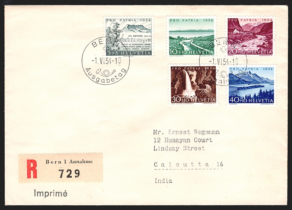 Schweiz, FDC, Pro Patria, Nr.66-70, adressierter, R- FDC, offizieller ET-Stempel BERN