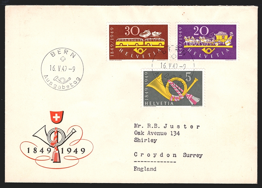 Schweiz, FDC,Freimarken, Nr.291-293, 100 Jahre Post, adressierter, illustrierter FDC, ET-Stempel BERN