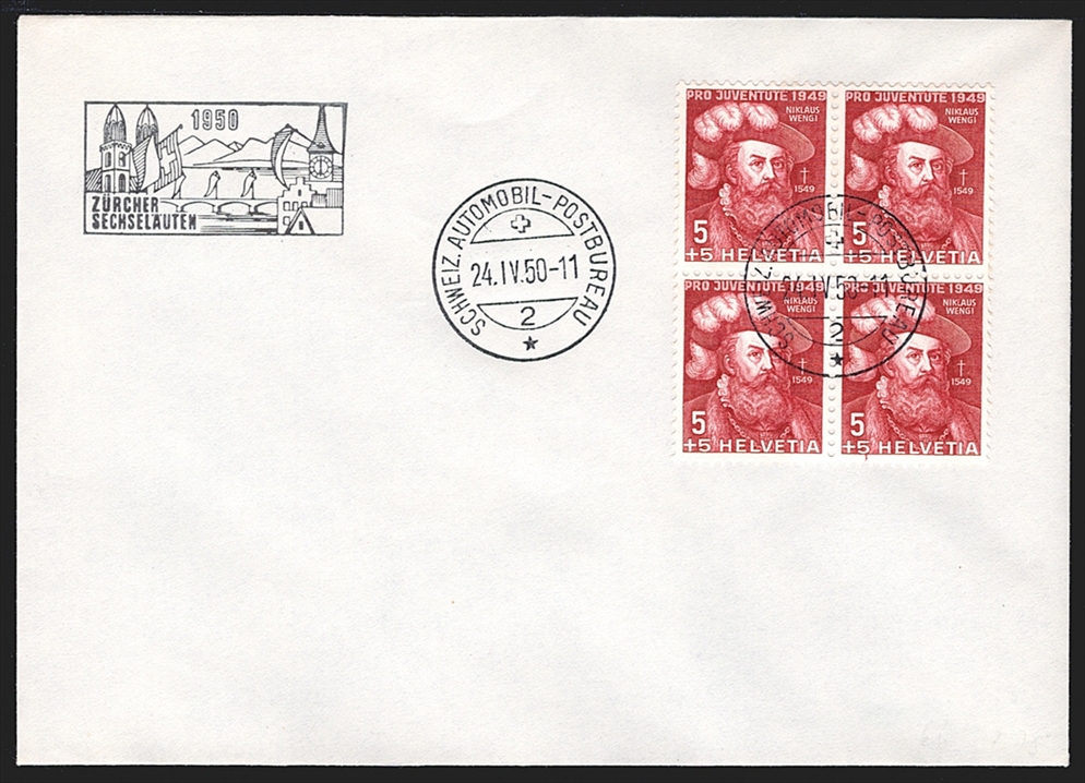 Schweiz, Pro Juventute, Viererblöcke, Alpenblumen, Nr.129-132, je auf unadressiertem Umschlag, AUTOMOBIL-POSTBUREAU/ZÜRCHER SECHSELÄUTEN