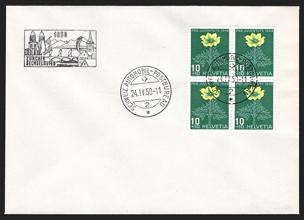 Schweiz, Pro Juventute, Viererblöcke, Alpenblumen, Nr.129-132, je auf unadressiertem Umschlag, AUTOMOBIL-POSTBUREAU/ZÜRCHER SECHSELÄUTEN – Bild 2