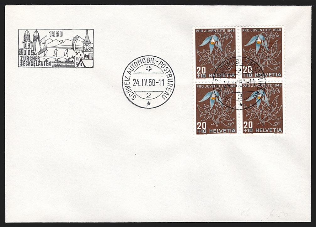 Schweiz, Pro Juventute, Viererblöcke, Alpenblumen, Nr.129-132, je auf unadressiertem Umschlag, AUTOMOBIL-POSTBUREAU/ZÜRCHER SECHSELÄUTEN – Bild 3