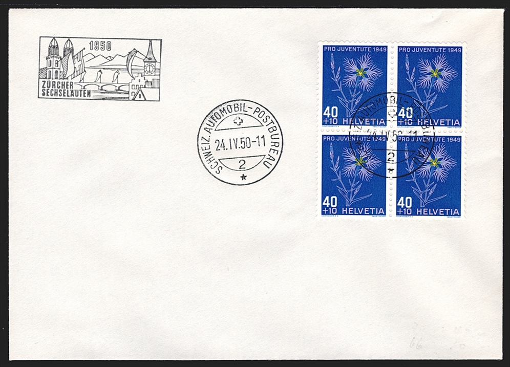 Schweiz, Pro Juventute, Viererblöcke, Alpenblumen, Nr.129-132, je auf unadressiertem Umschlag, AUTOMOBIL-POSTBUREAU/ZÜRCHER SECHSELÄUTEN – Bild 4