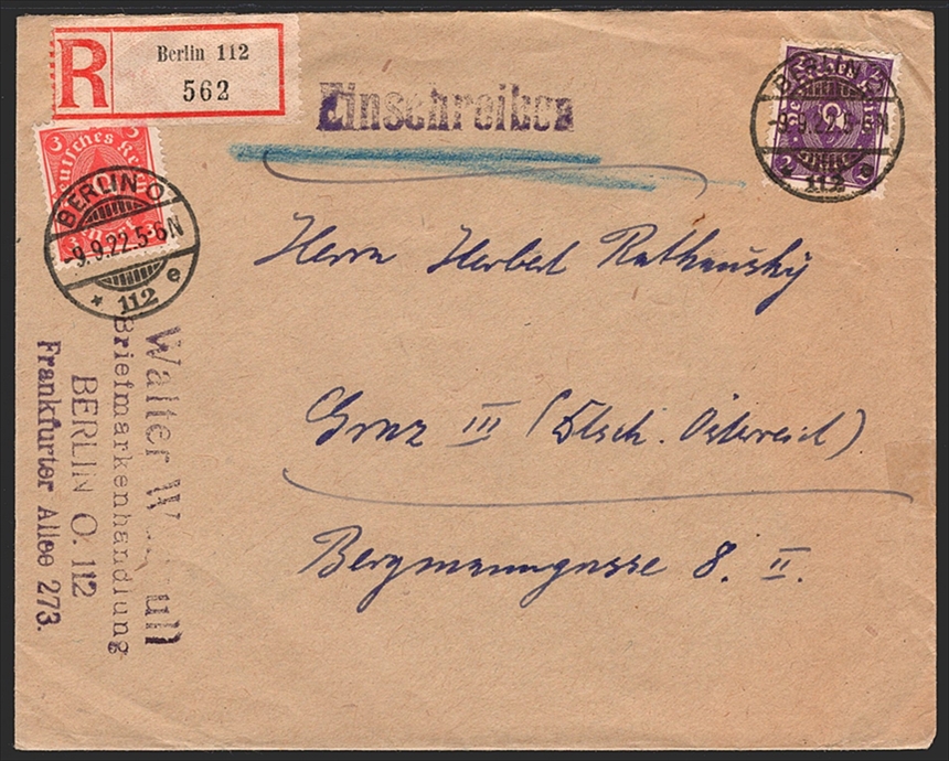 Deutschland, Deutsches Reich, Freimarken, Nr.224/225, auf eingeschriebenem Auslandsbrief nach Graz, BERLIN 9.9.1923