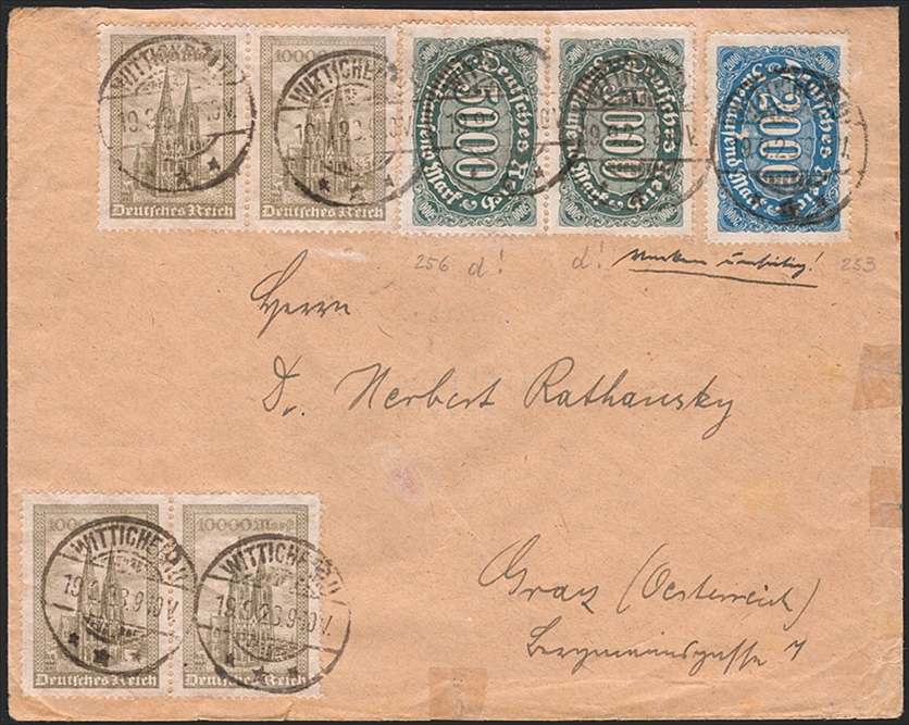 Deutschland, Deutsches Reich, Freimarken, Nr.256d+, ungewöhnliche Buntfrankatur auf Bedarfs-Brief nach Graz, WITTICHENAU 19.9.1923