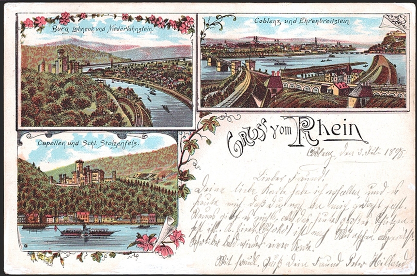 Deutschland, Lithographien, Gruss vom RHEIN, 3 Bilder, 1898