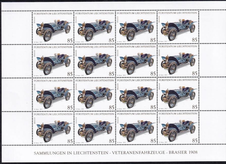 Liechtenstein 2012 "Veteranenfahrzeuge Brasier 1908" 16er Bogen CHF 0.85er postfrisch ** - frankaturgültig FL