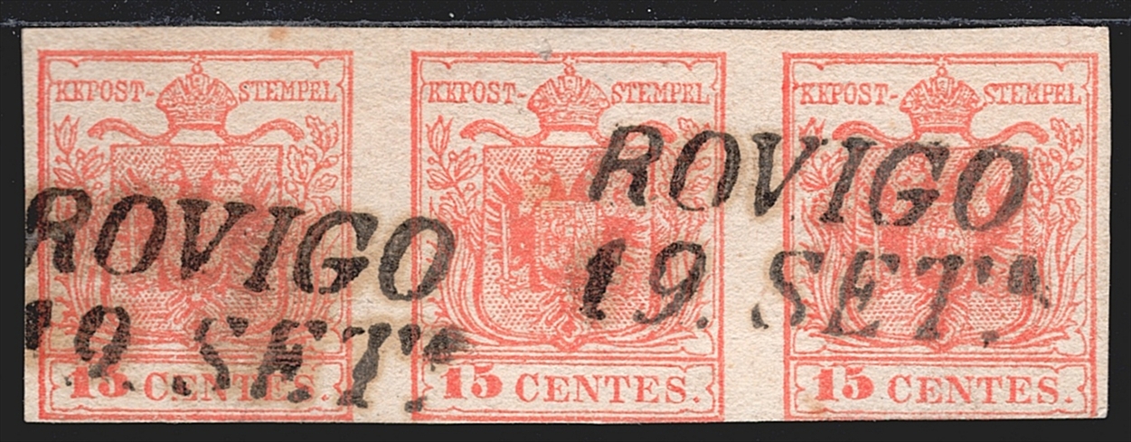 Österreich 1850 15 Centes FB Nr. 3 "(blass)rot" MP Type IIIa 3er Streifen gestempelt ROVIGO