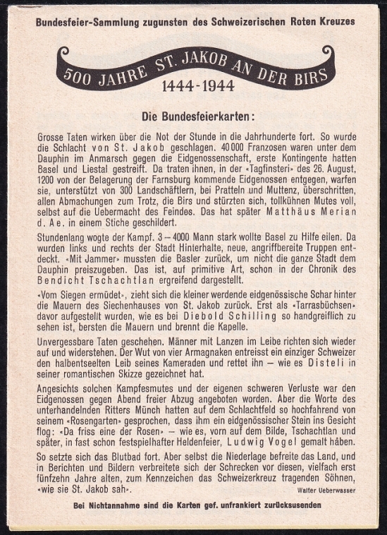 Schweiz Bundesfeierkarten 1944 5 Karten St. Jakob, nicht gelaufen