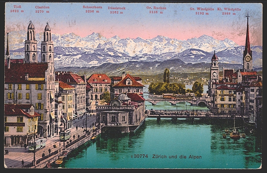 Ansichtskarten, Zürich und die Alpen, 1918