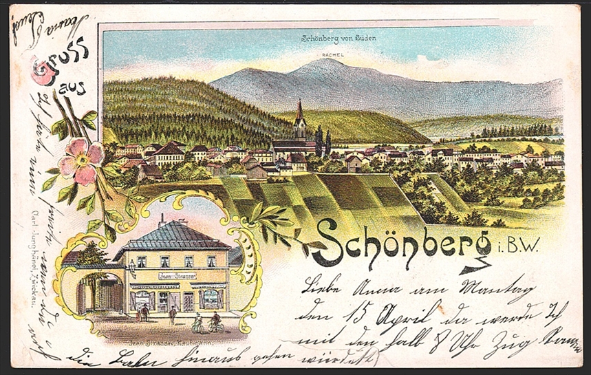 Deutschland, Lithographien, Gruss aus SCHÖNBERG, 2 Bilder, 1901