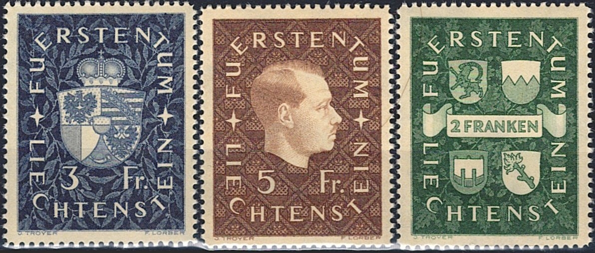 Liechtenstein, Freimarken, Nr.147-149, Wappen und Fürst, komplette Serie