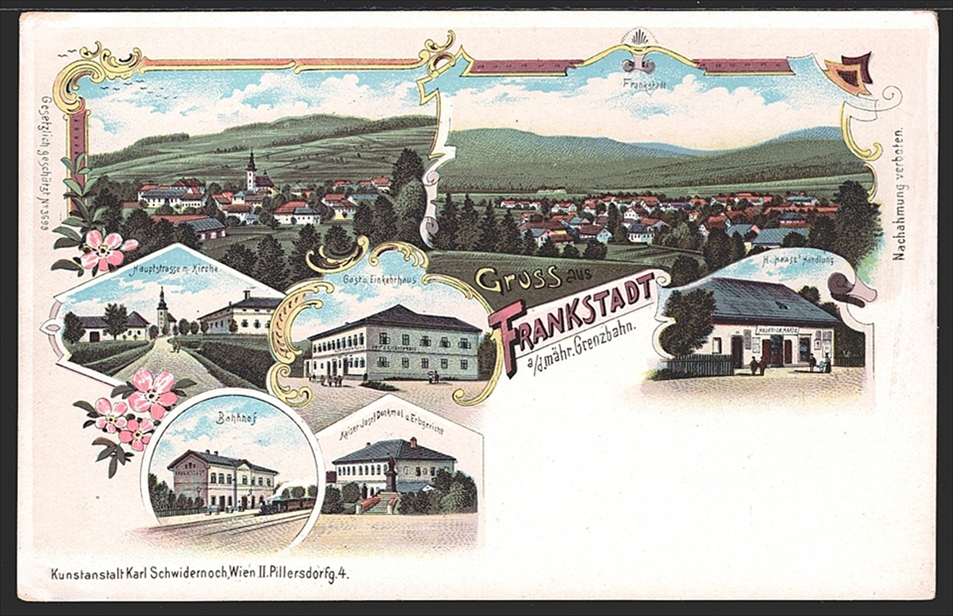 Lithographien, Diverse ehemalige Österreichische Gebiete, Gruss aus FRANKSTADT, 6 Bilder, um 1900, nicht gelaufen