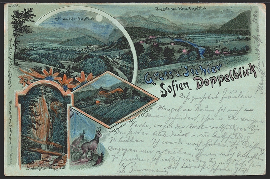 Lithographien, Oberösterreich, Gruss v. ISCHLER Sofien Doppelblick, 2 Bilder, 1898