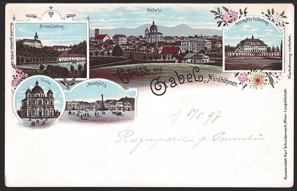 Lithographien, Österreich, Böhmen, Gruss aus GABEL, 5 Bilder, 1897, nicht gelaufen