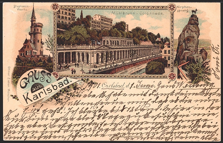 Lithographien, Österreich, Böhmen, Gruss aus KARLSBAD, 3 Bilder, 1901
