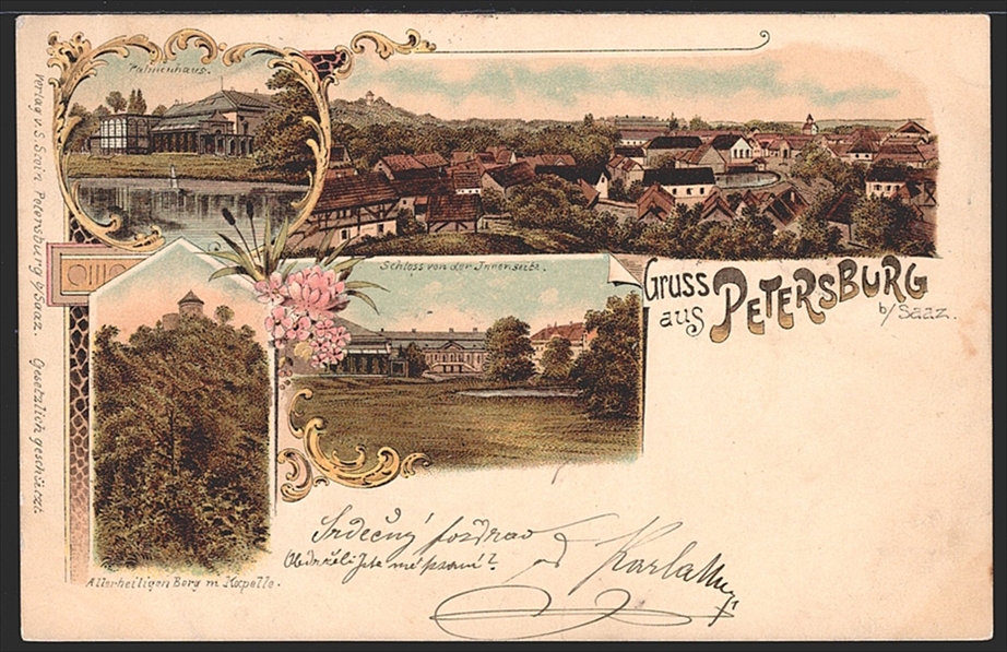 Lithographien, Österreich, Böhmen, Gruss aus PETERSBURG Saaz, 4 Bilder, 1898