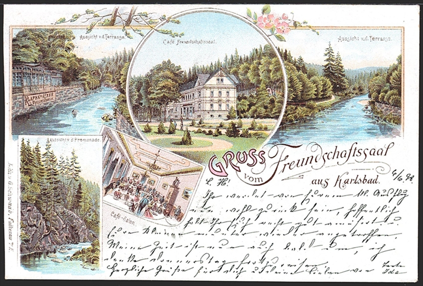 Lithographien, Österreich, Böhmen, Gruss vom Freundschaftssaal aus KARLSBAD, 5 Bilder, 1898