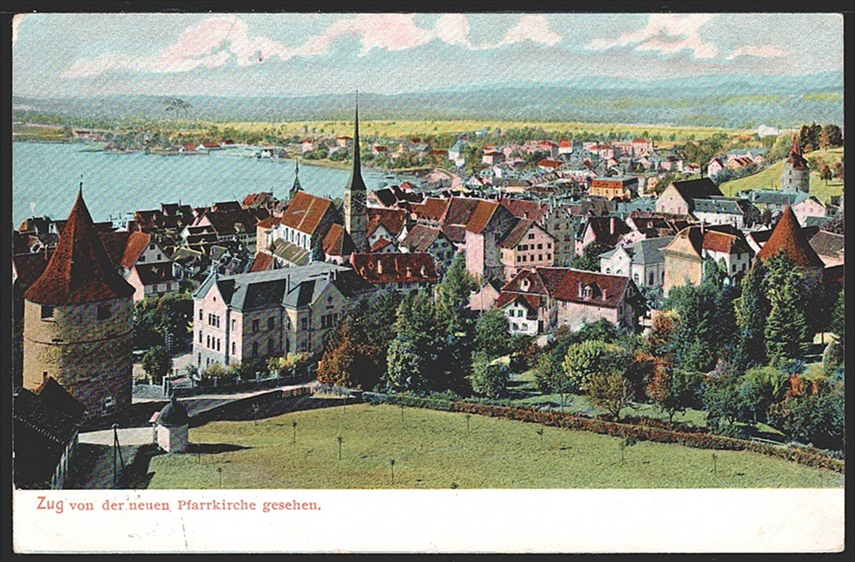 Lithokarten, Zug, von der neuen Pfarrkirche gesehen, 1906