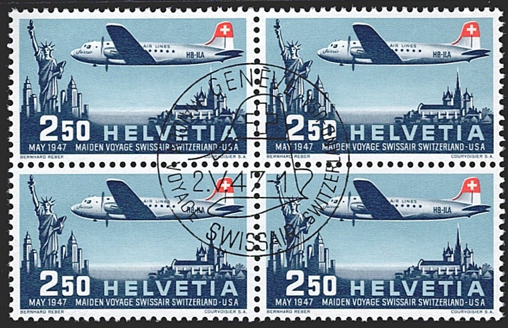 Schweiz, Flugpost, Nr.42, Swissair-Sonderflug, im Viererblock, ET-Stempel GENEVE