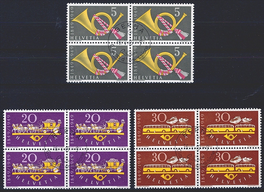 Schweiz, Freimarken, 100 Jahre Post, Nr.291-293, komplette Serie im Viererblock, ET-Stempelt i BERNA, mit Gummi **