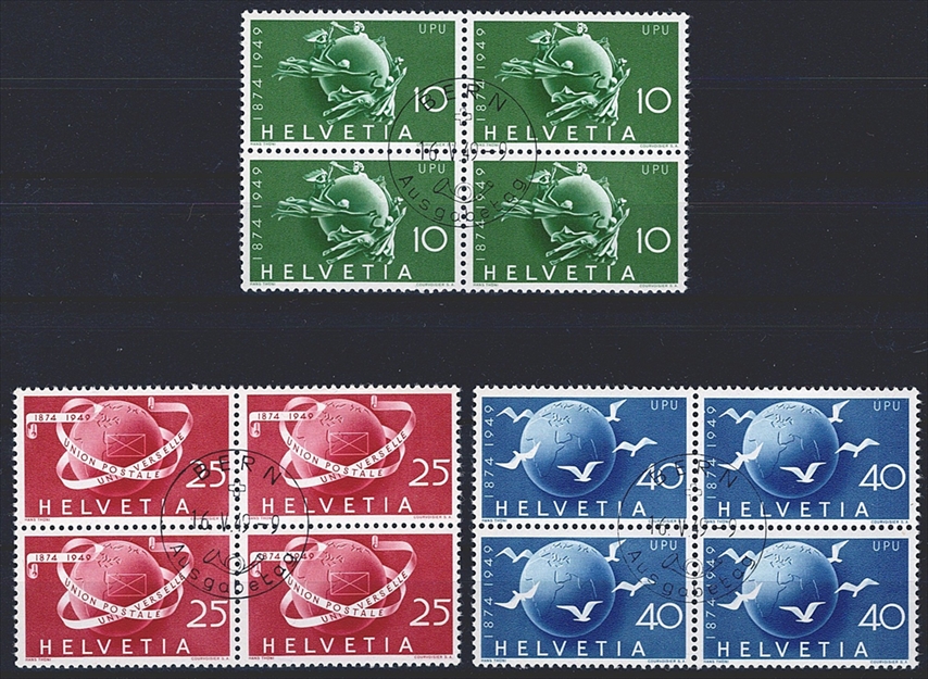 Schweiz, Freimarken, UPU, Nr.294-296, komplette Serie im Viererblock, ET-Stempelt d BERN, mit Gummi **