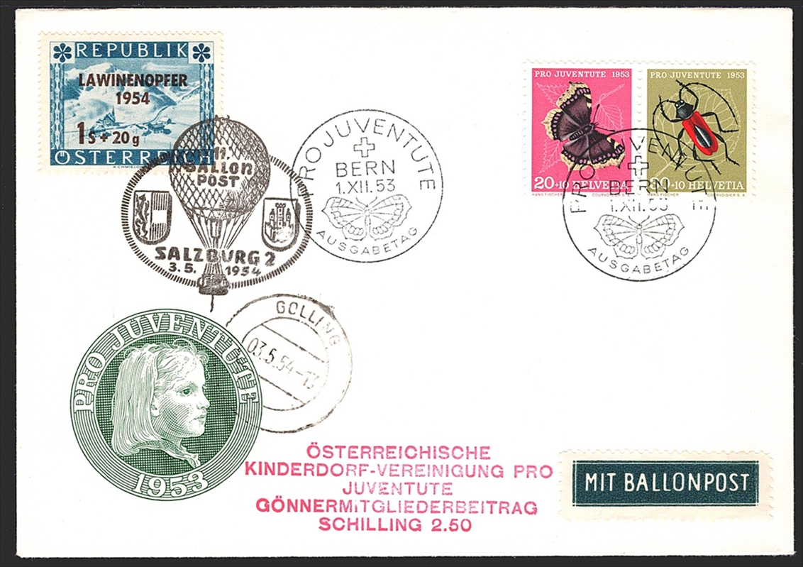 Schweiz, Kehrdrucke, Pro Juventute, Nr.44, auf Ballonflugbrief mit österreichischer Zusatzfrankatur