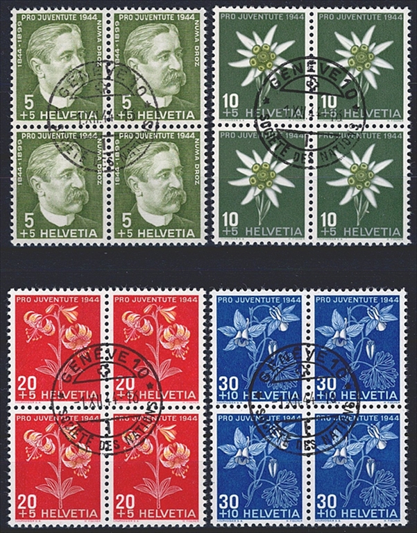 Schweiz, Pro Juventute, Nr.109-112, Alpenblumen, komplette Serie, im Viererblock, ET-Stempel GENEVE