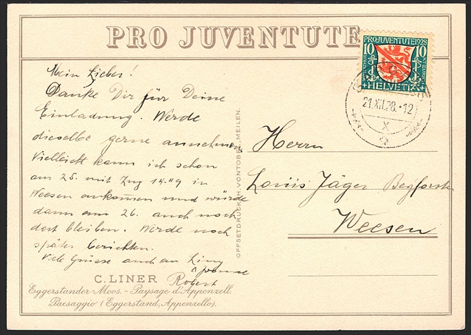 Schweiz, Pro Juventute, Nr.46 auf PJ-Karte Nr.142, sauber gestempelt SARGANS