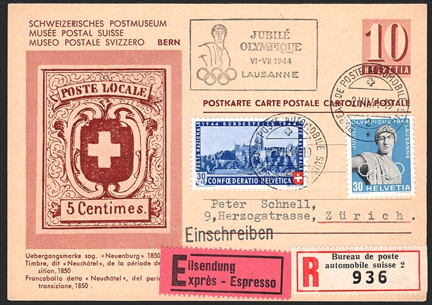 Schweiz, Pro Patria, Häuser, Nr.25 mit Zusatzfrankatur portogerecht auf Postkarte, BUREAU DE POSTES AUTOMOBILE