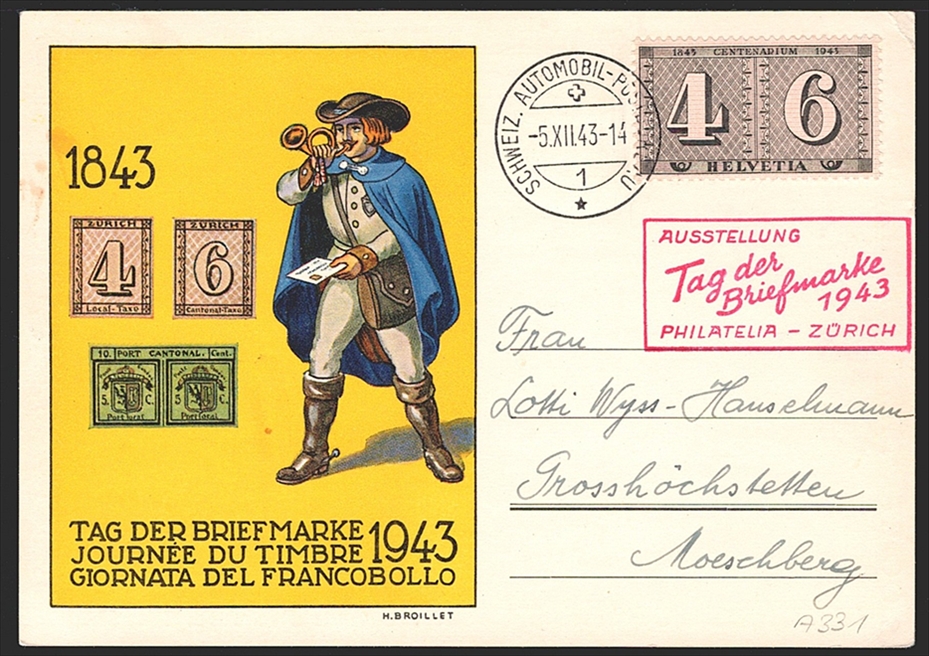 Schweiz, Tag der Briefmarke, 1943, Karte mit rotem Zusatzstempel PHILATELIA ZÜRICH