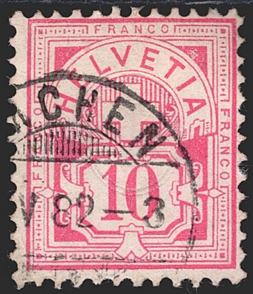 Schweiz, Wertziffer, 1882, 10Rp.hellrosa, Nr.55, weisses Papier, gestempelt LACHEN