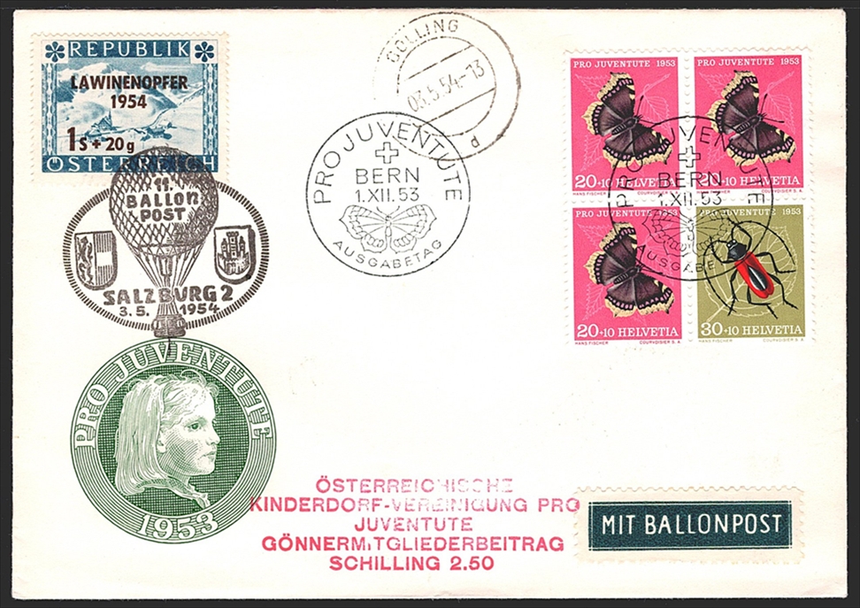 Schweiz, Zusammendrucke, Pro Juventute, Nr.39+, auf Ballonflugbrief mit österreichischer Zusatzfrankatur